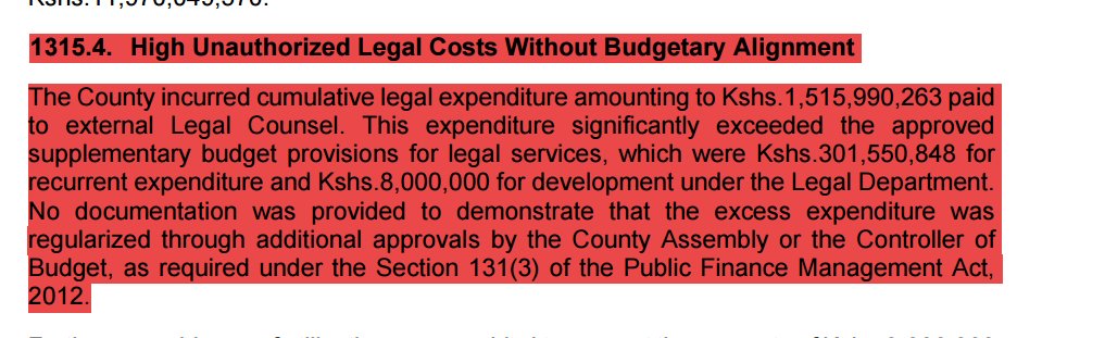 MwangiBonnie's tweet photo. In 2024-2025, the entire county of Nairobi spent KSH 1.6 billion on roads and infrastructure in general. 

KSH 1.6 billion. 

During the same year, it paid one outside lawyer KSH 1.5 billion, for "legal services". 

This is, despite the county's county attorney costing citizens KSH 530 million that year. This department has around 110 lawyers in it. 

If you want to know what is going on, bite on these additional nuggets:

Quoting the Auditor General:

(1) Several cases involved repeated changes of advocates and in some instances, two law firms represented the County simultaneously resulting in duplication of costs without justification.

(2) Fee notes were inconsistent or missing. Further, notes were often grossly inflated. 

(3) Key supporting documents such as court attendance records, pleadings, rulings and case outcomes were not provided to substantiate payments.

(4) Significant payments, including amounts between Kshs.40,000,000 and Kshs.136,000,000 per case, were made without itemized fee notes or supporting court documentation.

(5) Interest payments arose due to delayed settlement of decretal sums and some legal fee payments were misclassified, obscuring true legal liabilities.

Now - consider that this county has 124 MCAs who cost Nairobi KSH 1.8 billion each year. 

I am releasing an updated review of Nairobi in the next couple of days. 

To follow that, will be 100% of the counties.