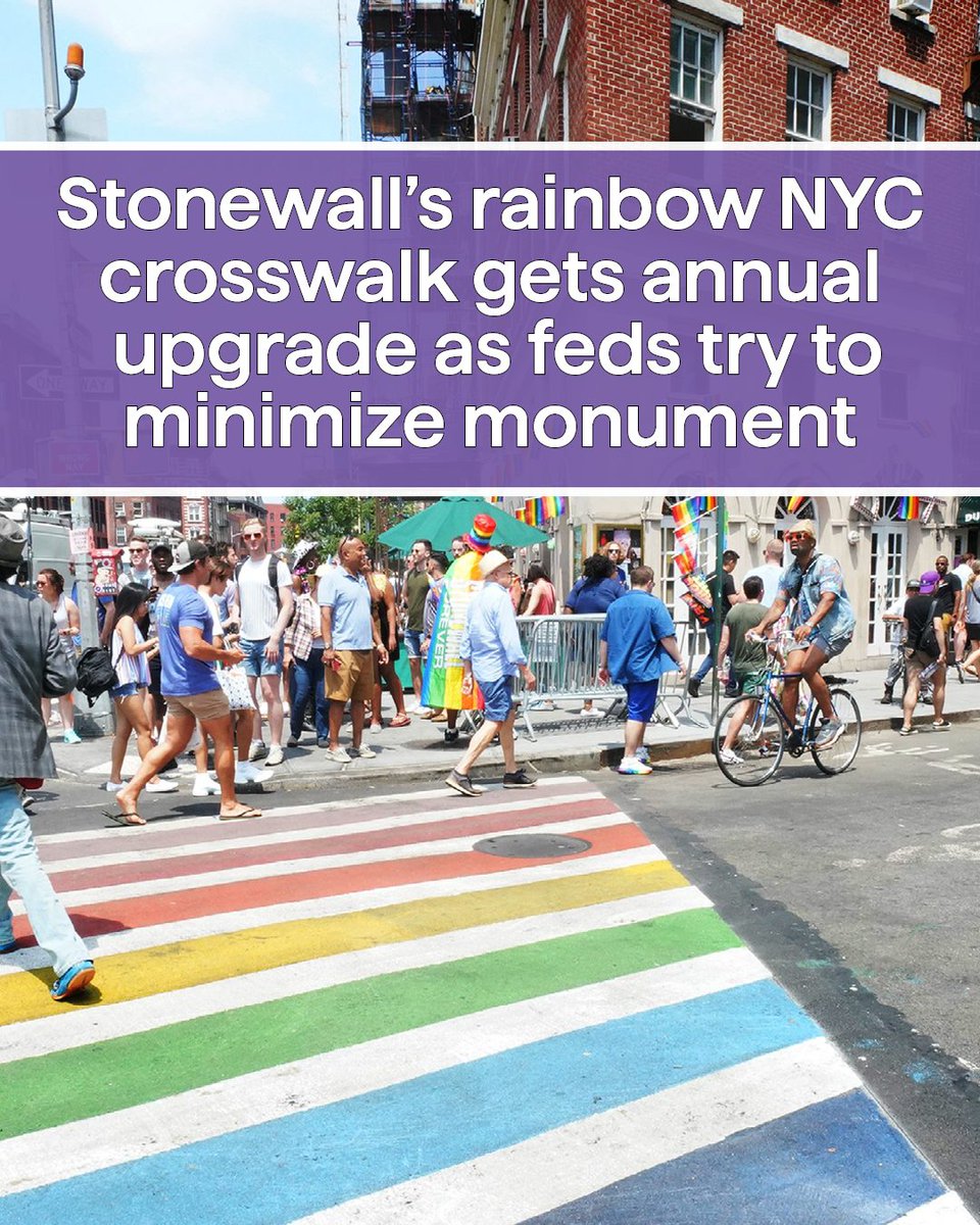 Gothamist's tweet photo. The Greenwich Village rainbow crosswalk, just steps away from the Stonewall Inn, is getting a fresh coat of paint head of Sunday’s Pride march: https://t.co/8j7vBeYKMU https://t.co/x2LmWQgjgX