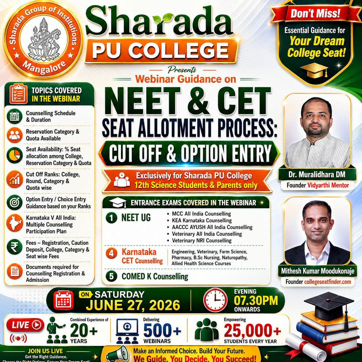 miraclemithesh's tweet photo. #FreeWebinar #Counselling #AdmissionGuidance #NEET #CET #JEE #COMEDK

Join us on June 27, 2026 Saturday Evening 07.30PM to 09.00PM

Online Webinar Zoom Meeting

Exclusively for *Sharada PU College, Mangalore* Students &amp; Parents only. Link will be shared in College WhatsApp Group. https://t.co/Q1qUOTQtM3