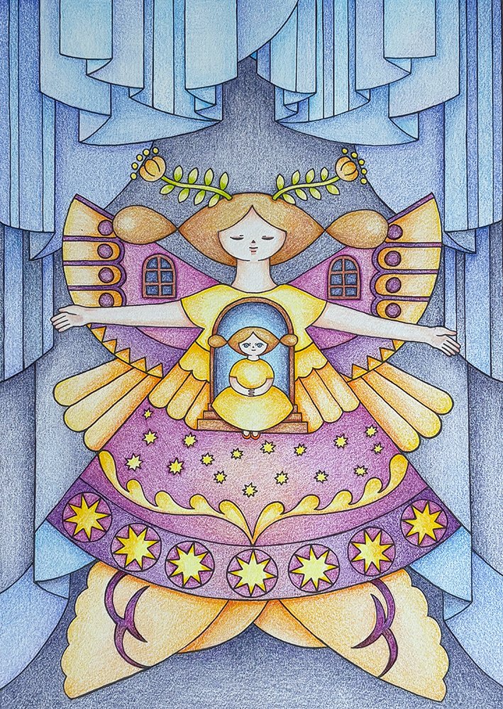 Masumi_Chiba's tweet photo. 【ブログ ＃IROKORO を更新しました】

大野舞さん塗り絵Book「私の中の神殿」より「星の神殿」が完成しました。

今回は、少女を星に、ドレープを夜空に見立てて配色しました。

「【塗り絵】私の中の神殿／15 星の神殿｜夜空の星をイメージして」
#私の中の神殿
#塗り絵

▶
https://t.co/xh5vz2Bh9s https://t.co/xOeNjGgZU9