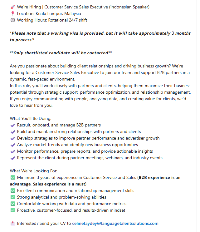 Applyajadulu's tweet photo. 🚨HIRING
Ini yang kamu tunggu-tunggu
BAHASA INDONESIA SPEAKER
Customer Service Sales Executive
📍Kuala Lumpur
Lowker ini menyediakan VISA KERJA untuk Orang Indonesia.
Gass langsung lamar sekarang juga !!!!

✅Kalau masih bingung soal proses cari kerja di luar negeri, mau dapat profil linkedin para recruiter luar serta info lowker yang lebih update, langsung aja daftar jadi member group dan ikutan Webminar IT bulan Agustus nanti. Lynk di Bio.