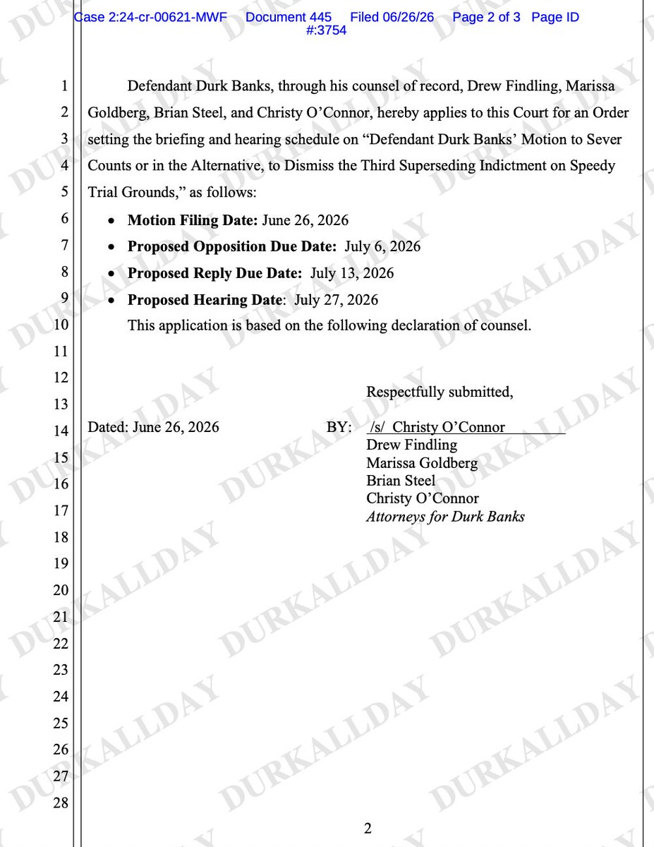 DurkAllDay's tweet photo. Durk has filed a motion to Sever Counts or in the Alternative, to Dismiss the TSI on Speedy Trial grounds. 

The gov proposes the following schedule:

Motion Filing Date: June 26
Opposition Due: July 6
Reply Due Date: July 13, 2026
Hearing Date: July 27 https://t.co/iHjmYUtL44