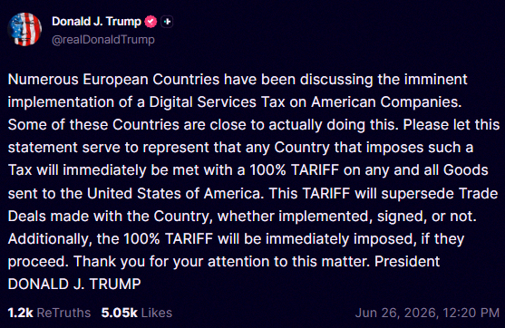0921Mt's tweet photo. 速報📢 トランプ大統領が、アメリカ企業にデジタルサービス税を課す国には、アメリカに送る全商品に100%の関税をかけると発表したよ。 https://t.co/0yKWMBCltY