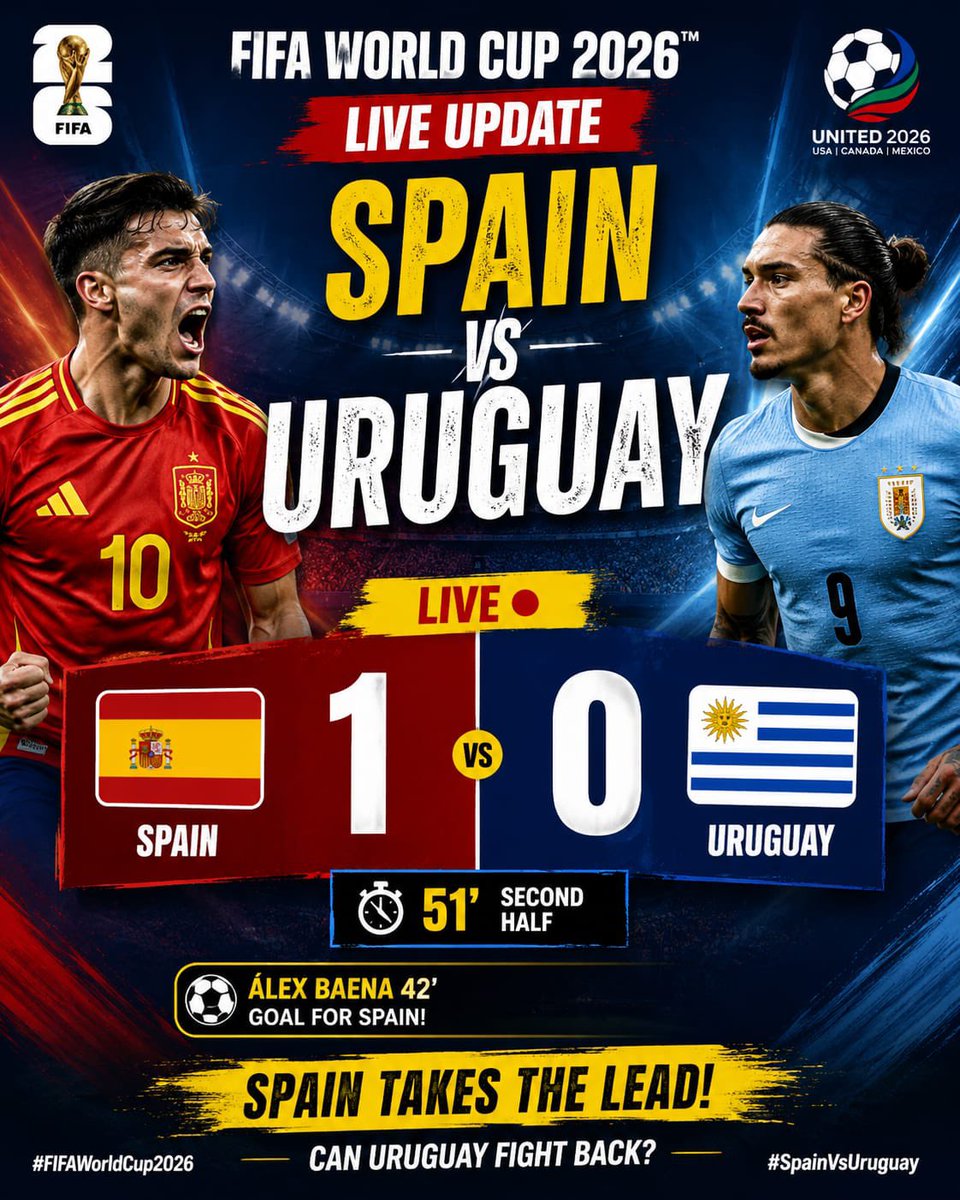 USATrendingHB's tweet photo. ⚽ LIVE UPDATE | FIFA World Cup 2026

🇪🇸 Spain 1-0 Uruguay 🇺🇾
⏱️ 51' (Second Half)

🔥 Álex Baena's 42nd-minute strike has given Spain the lead as they continue to control the match.

Can Uruguay find an equalizer, or will Spain secure all three points?

Who do you think will win? 👇

#FIFAWorldCup2026 #Spain #Uruguay #Football #WorldCup #LiveScore #Soccer #SpainVsUruguay #FootballFans #MatchDay