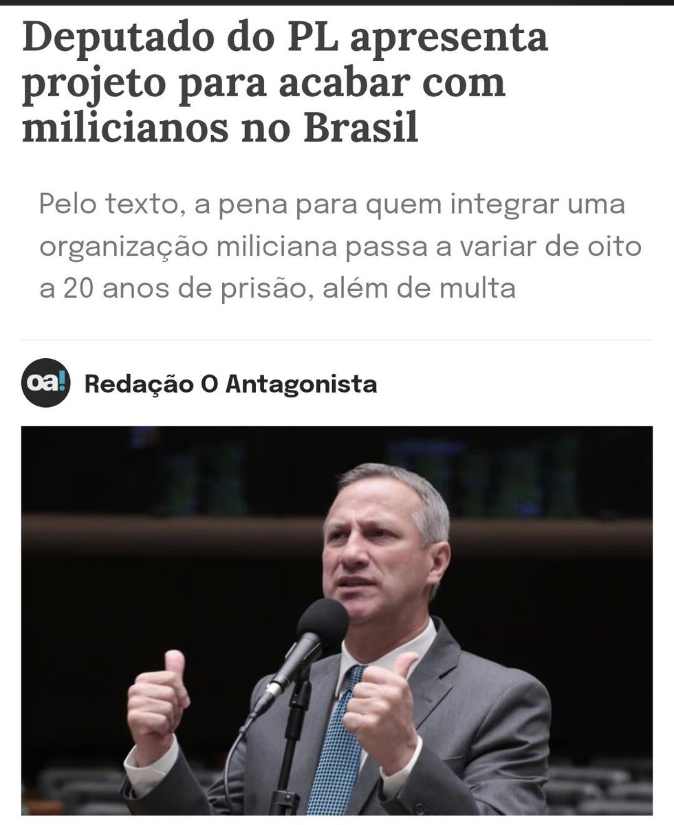 DepSanderson's tweet photo. Chega de milícias aterrorizando brasileiros. Apresentei um Projeto de Lei para endurecer o combate ao crime organizado em todo o país! https://t.co/hvOYNss8yZ
