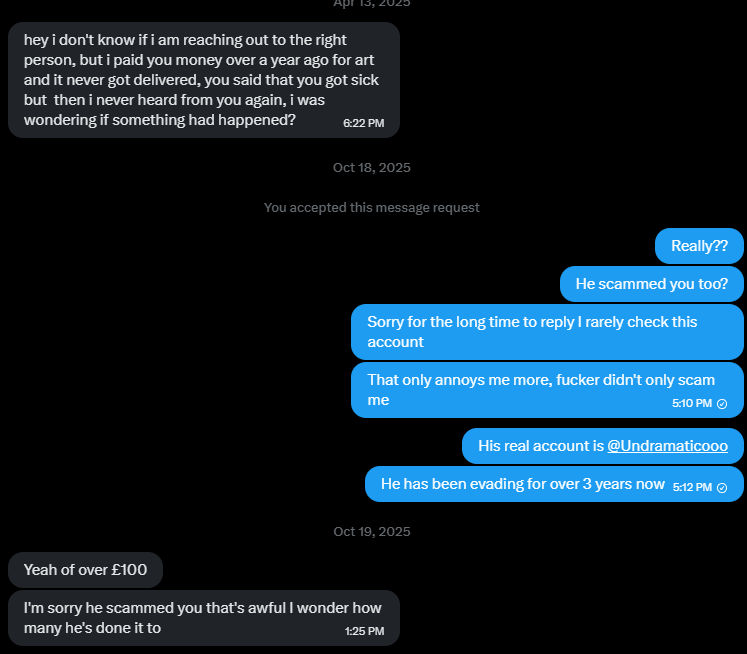 Undramaticoo's tweet photo. I'm posting proof here of another client he scammed (@SkausPhotos )

I don't think he uses his account much at all so I'm speaking for him, hoping one day he also gets his money https://t.co/FGGBFrHmYL
