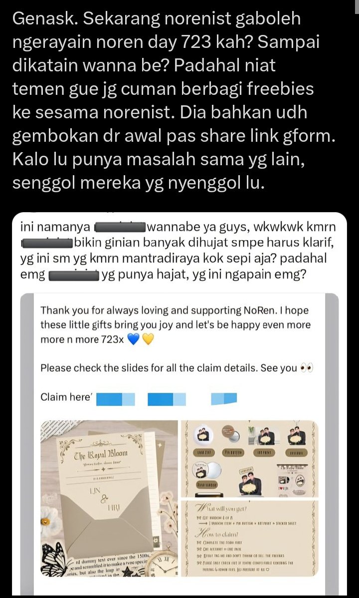 nmn_26jj's tweet photo. Genask. Sekarang nmnst gaboleh ngerayain nmn annv kah? Sampai di recokin? Padahal niat temen kita jg cuman berbagi freebies ke sesama nmnst. Dia bahkan sampai Klari ke vendor. Kalo lu punya masalah sama yg lain, senggol mereka yg nyenggol lu. https://t.co/oO24WdDPdc
