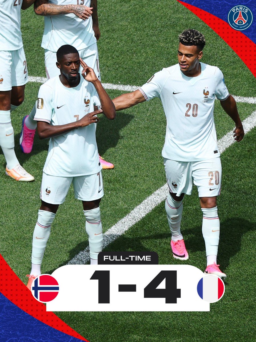 PSGindonesia's tweet photo. Bukan kaleng-kaleng! 💪

Dembélé ⚽️⚽️⚽️
Doué ⚽️
Barcola 🎯

Prancis segel puncak 🇫🇷👏

#NORFRA | #FIFAWorldCup https://t.co/UJVuRkpU8t