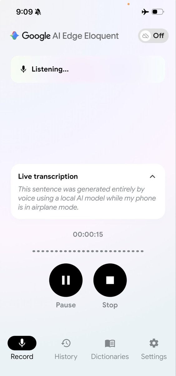 bdescalo's tweet photo. Google quietly released AI Edge Eloquent, an AI dictation tool that runs locally on your phone or computer.

This could be one of the first local AI model apps that millions of people will use every day without even thinking about it.

Google quietly released AI Edge Eloquent, an AI dictation tool that runs locally on your computer.

I think this could be one of the first local AI model use cases that millions of people will use every day without even thinking about it.