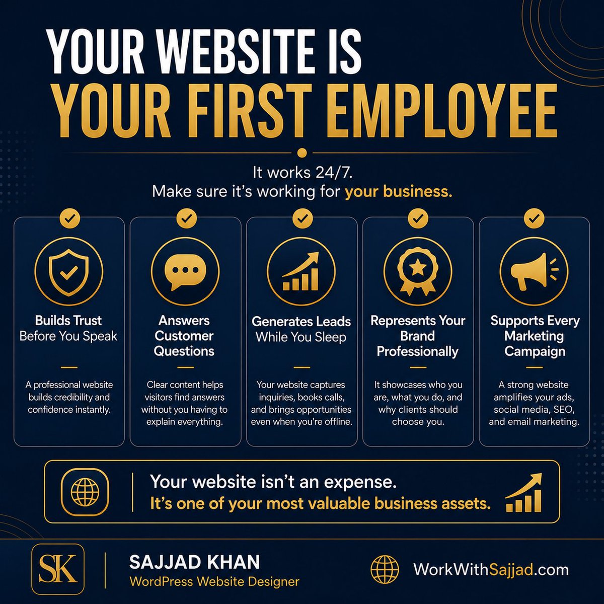 workwithsajjad's tweet photo. Your website is your first employee.

It should build trust, answer questions, and generate leads 24/7.

Is yours doing that?

🌐 https://t.co/hYS1RxzNG3

#WordPress #WebDesign #SmallBusiness #BusinessGrowth https://t.co/LD97XlmDKf