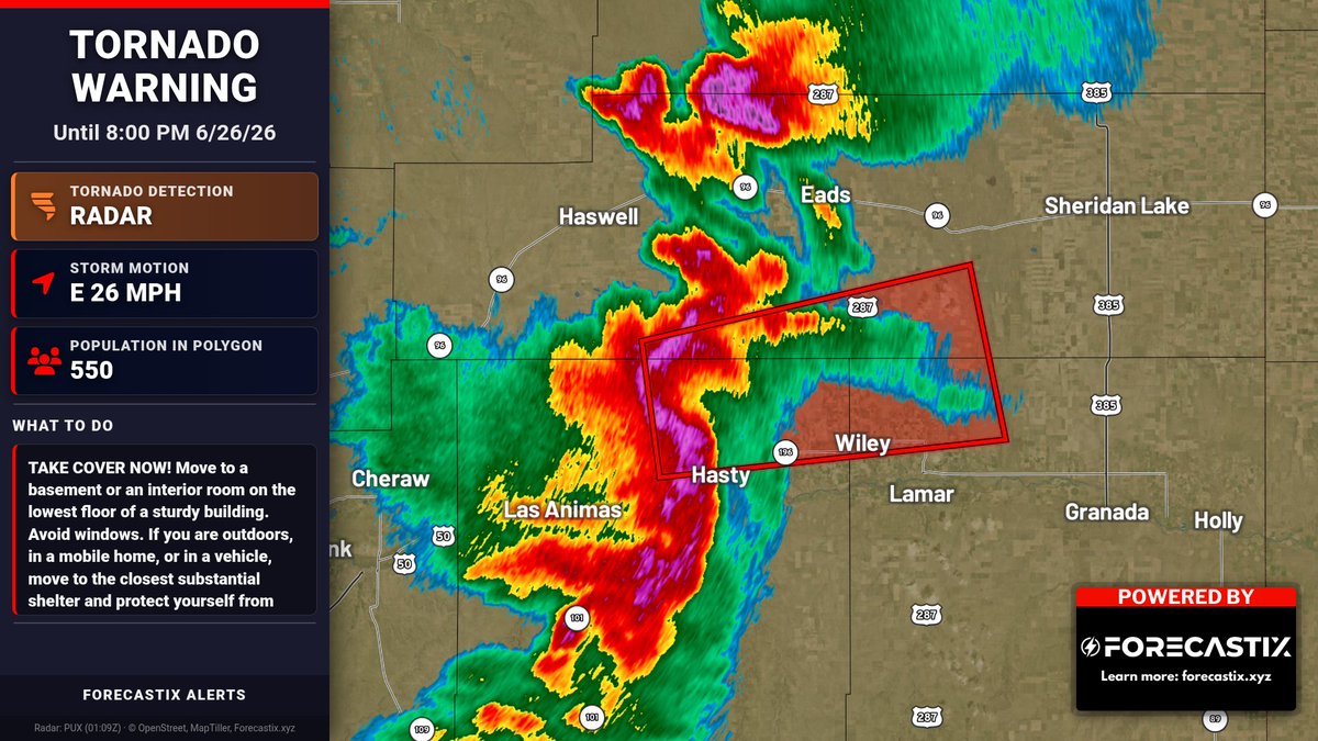 forecastixalrt's tweet photo. Tornado Warning for Bent, CO, Kiowa, CO &amp; Prowers, CO until 8:00 PM MDT. Tornado and ping pong-ball hail possible; radar shows rotation. Take cover now—basement/interior room lowest floor; avoid windows. https://t.co/qnOVTNBN6z