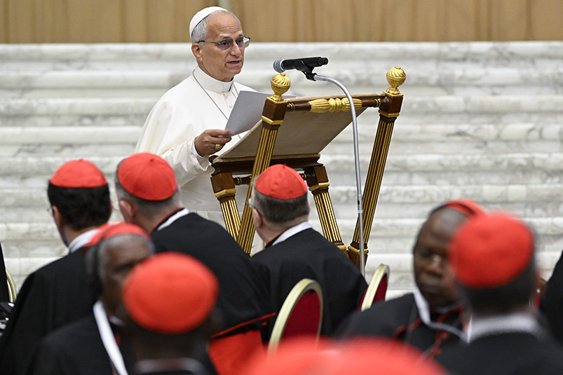chicagocatholic's tweet photo. Opening the first day of his second consistory with cardinals from around the world, Pope Leo XIV condemned war as "never blessed by God" while urging the Church's leaders to embrace a style of listening and collaboration. https://t.co/dlMnPvI9Ts https://t.co/y2R1rSTYju