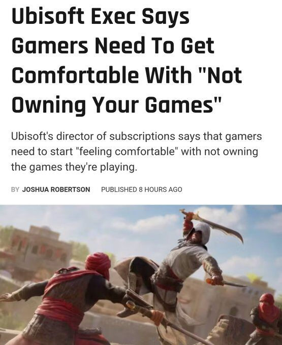 SandyofCthulhu's tweet photo. The most arrogant thing a company can do is tell customers what they (the customers) "ought" to want.

How's that restructuring going, Ubisoft? Shares still down 50% from a year ago? As a business, it's your job to satisfy them, not to preach to them. And especially not to "fix" them. 

The punishment for such egomania is automatic. So the situation self-corrects over time.  
1/2