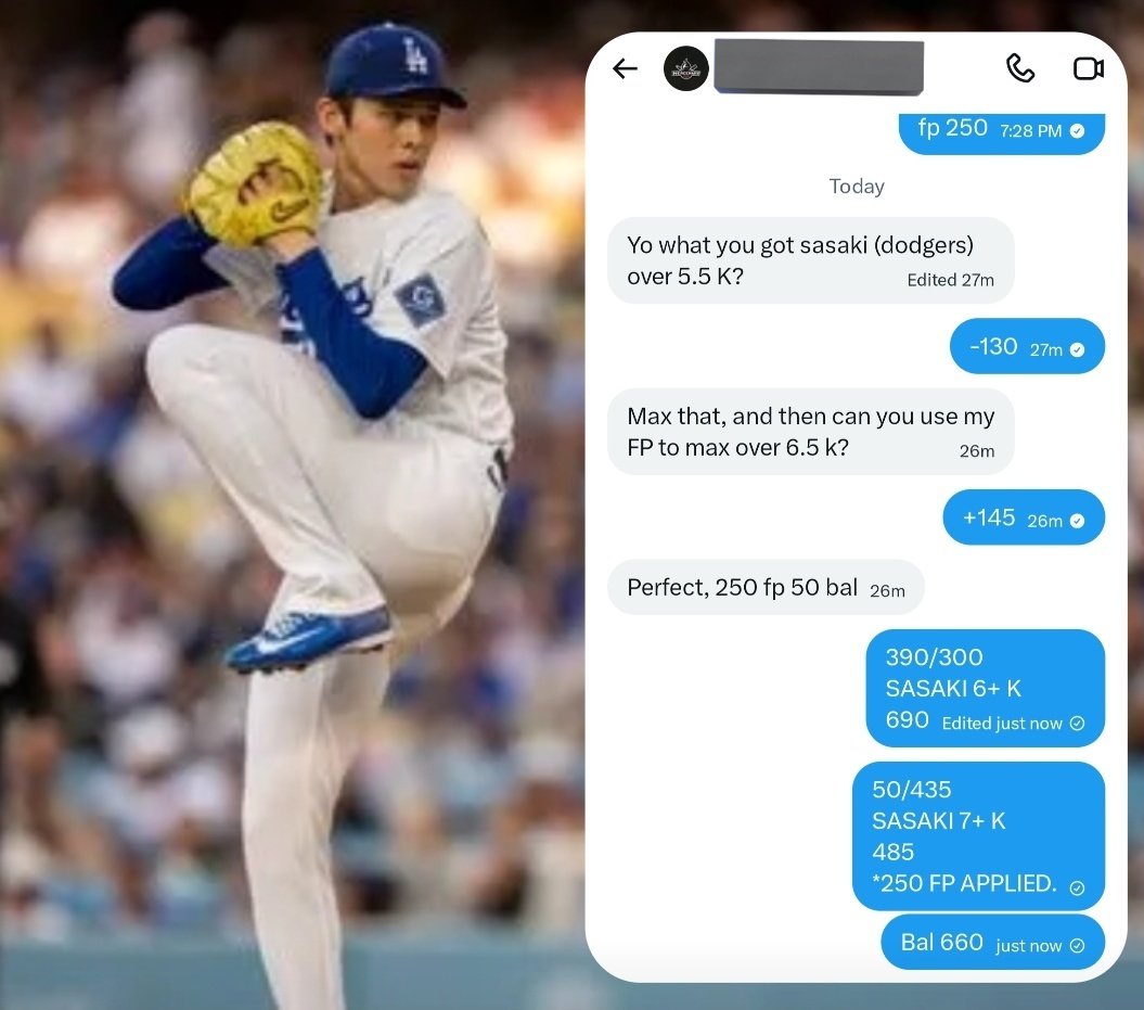 ChanceforGlory1's tweet photo. 🚨PLAYER MAX BET ALERT🚨

#Dodgers
⚾️ TO WIN $690: Roki Sasaki over 5.5 K
🪜 TO WIN $485: over 6.5 K

#GamblingTwitter #MaxBet #PlayerProps #PropBets #PrizePicks #GamblingX https://t.co/URbxelMvJc