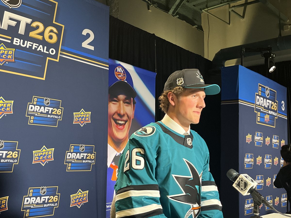 Sheng_Peng's tweet photo. Verhoeff says he was “starstruck” when talking to Celebrini on the phone.

Mentioned his cousins Kirby and Colton Dach were here, cheering him on.

Hopes to make #SJSharks next year, but would also be excited to return to North Dakota https://t.co/SqaS6mmxSF