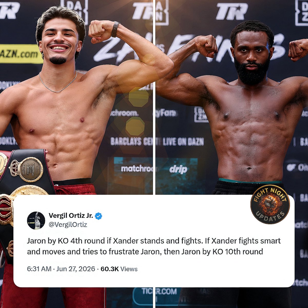 FightNytUpdates's tweet photo. Vergil Ortiz Jr. gives his prediction on Zayas vs. Boots fight. 😳 https://t.co/KJaIVEKD7E