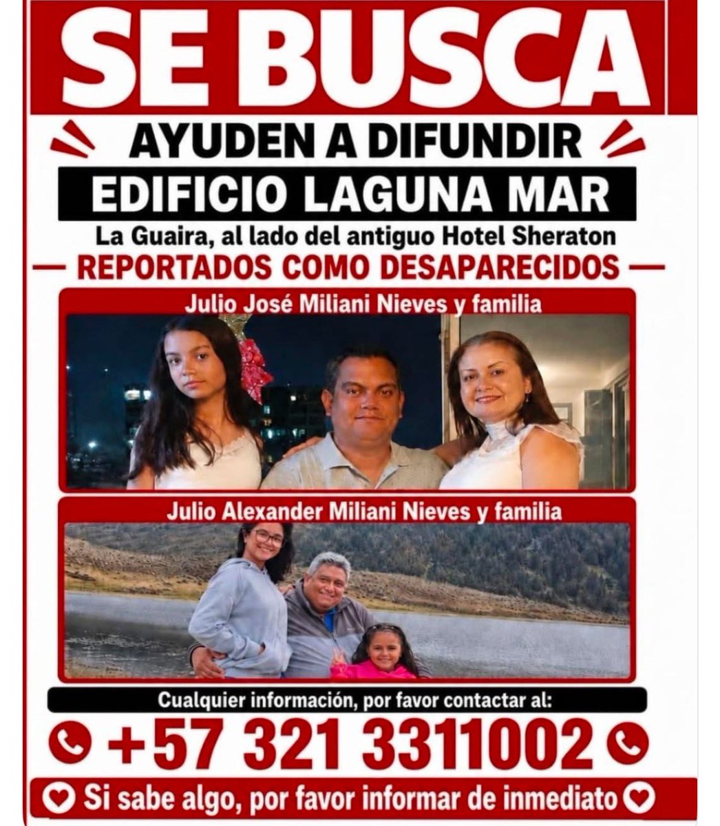 Loreanaeddylexi's tweet photo. Amigos, En el edificio Laguna Mar en La Guaira, a esta hora 9:30 pm de Venezuela, no se ha recibido ayuda para mover escombros ni ayudar a rescatar posibles sobrevivientes. Vamos a Difundir todos por favor. Ayúdenme, hay familiares afuera buscando apoyo para hacer los rescates https://t.co/NyU3yTs0Wj