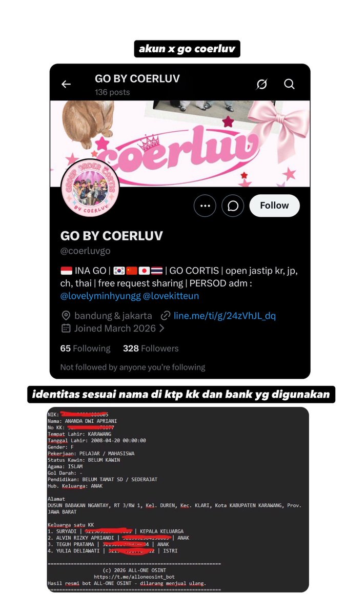dearkeono's tweet photo. HELP RT ‼️

SCAMMER GO CORTIS COERLUV
TOTAL KERUGIAN UP 65jt

ANANDA DWI APRIANI 2008
arvin vin vina ica levina 
@coerluvgo
WA &amp; SPAY : 089682243793 (masih aktif)
BANK HANA : 14022687180

THREAD KRONOLOGI AWAL DAN RUNTUTAN https://t.co/uAcorlUgxd