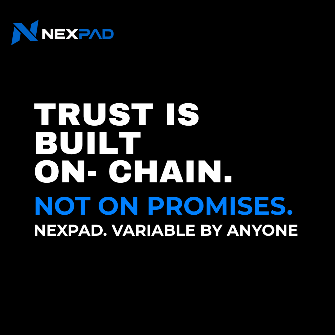 NEXPAD_Official's tweet photo. Trust isn't built on promises.
It's built on-chain.
Every fund. every transaction. every claim.
Verifiable by anyone. always.
That's the NexPad standard. π΅
#NEXPAD #Web3 #OnChain #DeFi https://t.co/fzk231jm1U
