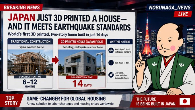 japan_nobunaga's tweet photo. Japan has developed a 3D printer that can build a two-story house designed to withstand major earthquakes in just 14 days.

I truly hope this technology can one day help people in Venezuela, where so many families are struggling to find safe and affordable housing. https://t.co/tKCmfP9LIA