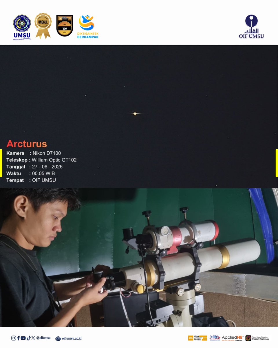 OIFUMSU's tweet photo. Pengamatan langit malam 27 Juni 2026

Pada Sabtu dini hari, 27 Juni 2026 bertepatan dengan 12 Muharam 1448 H, dua mahasiswa semester 4 Program Studi Ilmu Falak FAI UMSU melaksanakan observasi bintang Arcturus dan Vega di Observatorium Ilmu Falak UMSU. https://t.co/FdiW41gbXv