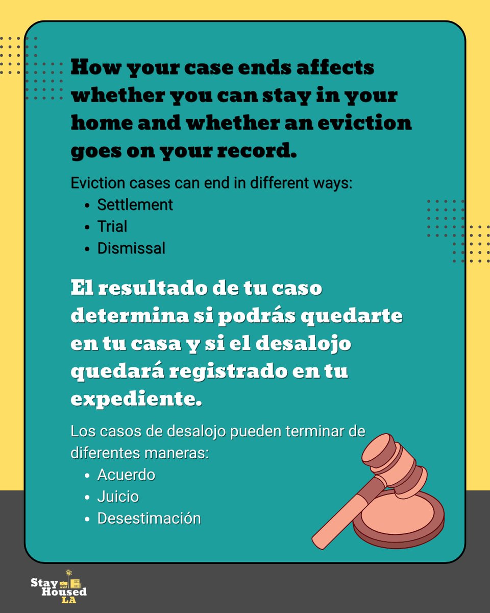 stayhousedla's tweet photo. (1/2) In the final part of our series, The Eviction Process, we look at how eviction cases can end. Some settle. Some go to trial. Some are dismissed. Depending on the outcome, you may have to move, or you may get to stay. Visit https://t.co/NPajwjgOIk to learn more. https://t.co/EaENYQNDrl