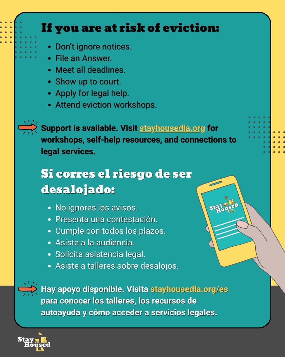 stayhousedla's tweet photo. (2/2) En la última parte de nuestra serie, «El proceso de desalojo», analizamos cómo pueden terminar los casos de desalojo. Dependiendo del resultado, es posible que tengas que mudarte o que puedas quedarte. Visita https://t.co/NPajwjgOIk para obtener más información. https://t.co/7J9tShbGbI