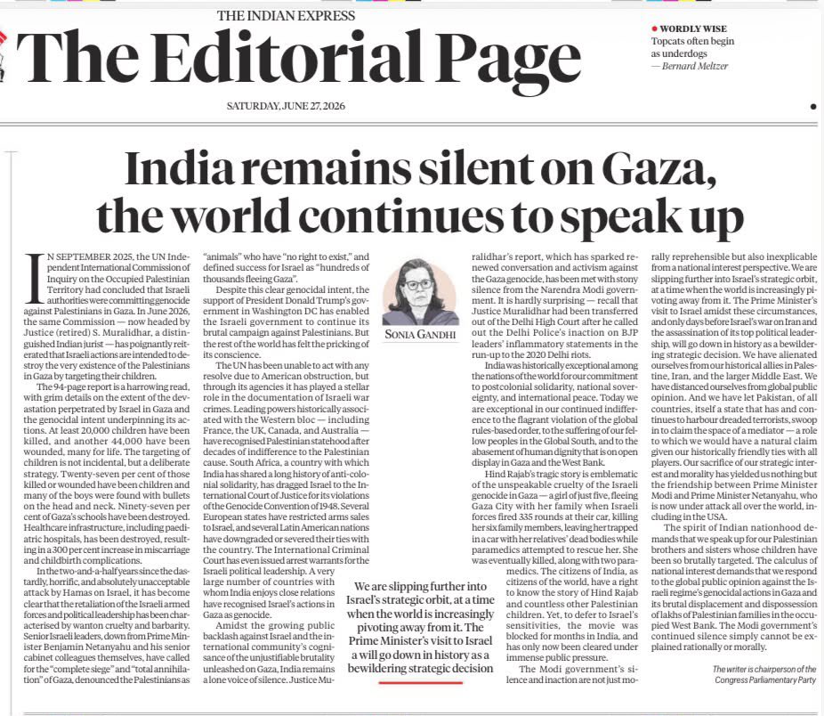 VineetPunia's tweet photo. Must read: Congress Parliamentary Party Chairperson Smt Sonia Gandhi’s powerful article in today’s @IndianExpress.

#SoniaGandhi #Congress #Gaza #Palestine #Humanity #ForeignPolicy https://t.co/tG66i5pxkb