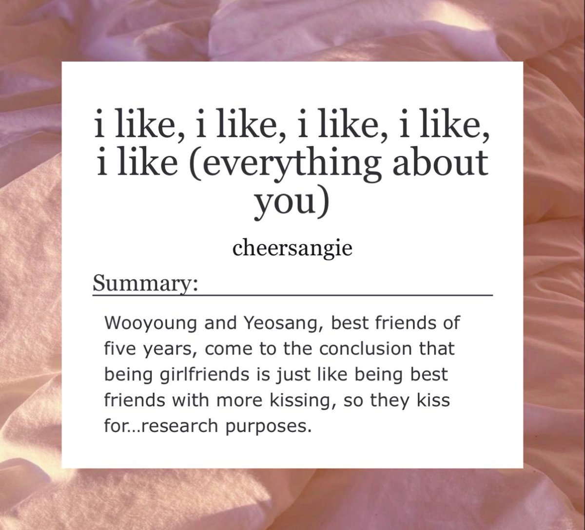 cheersangie's tweet photo. i like, i like, i like, i like, i like (everything about you)
⚪︎ fem wsng
⚪︎ explicit
⚪︎ 4k words
⚪︎ college/university au, best friends to lovers, first time
https://t.co/6VMpXAJe1R https://t.co/iHDdHQMwK2