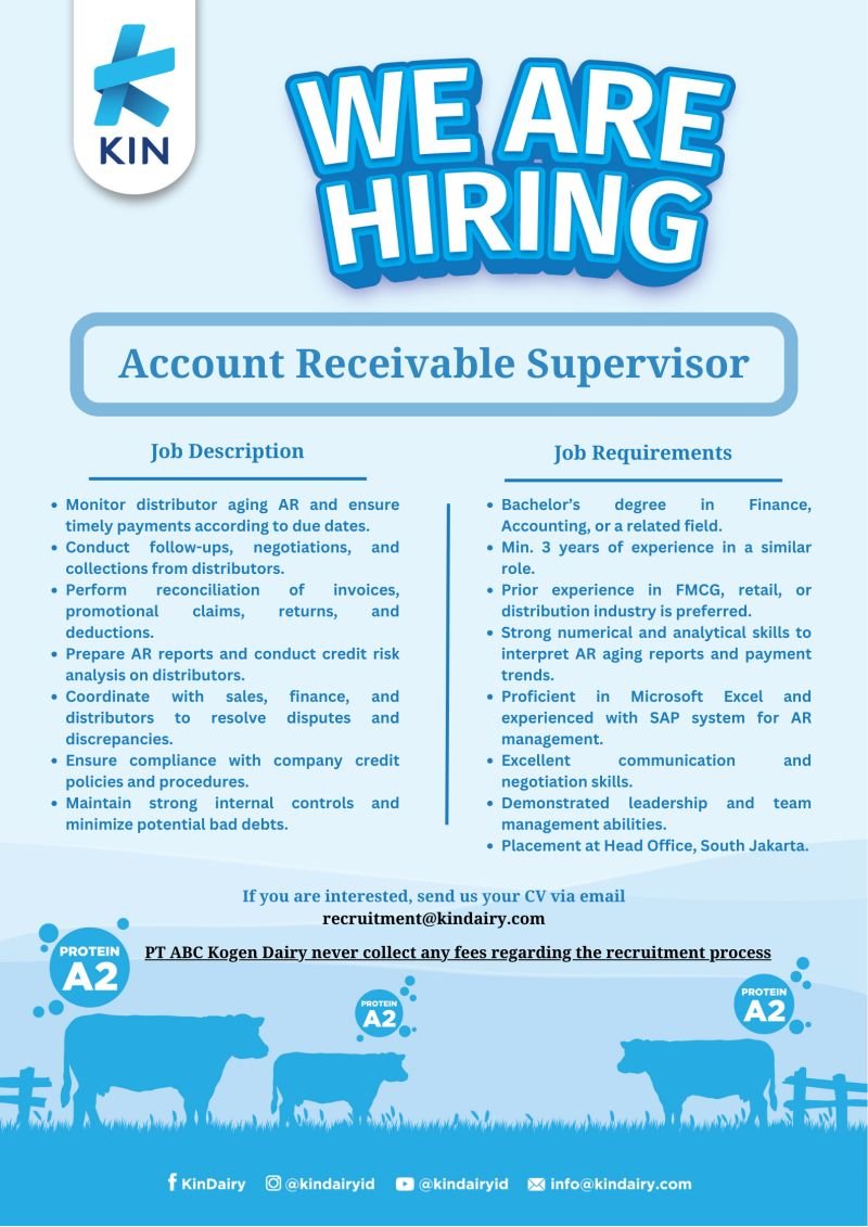karir_ku's tweet photo. #InfoLoker

PT ABC Kogen Dairy is on the lookout for Account Receivable Supervisor.

📩Send your your CV to recruitment@kindairy.com
subject: “AR Spv - [Your Name].”

For detailed information about this role, please check our job flyer below ⬇️

Good Luck

#LowonganKerja #Loker https://t.co/7WRuZkfY8m
