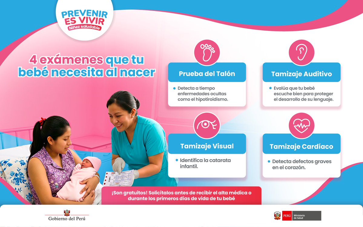 Minsa_Peru's tweet photo. 📅 Este 28 de junio conmemoramos el Día Internacional del Tamizaje Neonatal. ¿Sabías que tu bebé tiene derecho a 4 exámenes gratuitos al nacer? 👶

El tamizaje identifica de forma temprana afecciones congénitas o metabólicas antes de que muestren síntomas visibles. 

En el Perú, su acceso es un derecho totalmente gratuito y busca asegurar un desarrollo infantil pleno.