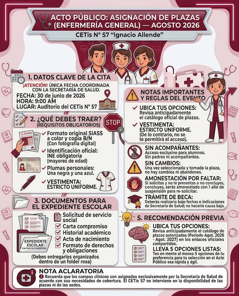 CETIs57's tweet photo. 📢 ¡Atención Comunidad del CETis 57! 🩺 Se publicaron los requisitos y la fecha oficial para el Acto Público de Asignación de Plazas de Enfermería General (Agosto 2026).

Toda la información importante la encuentras en la imagen de abajo. 👇 ¡No dejes pasar ningún detalle! 📑🎒 https://t.co/d4HPYNE9dX
