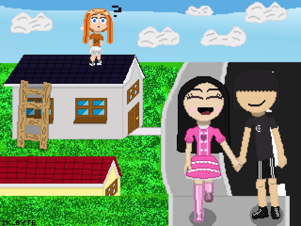 ZK_Byte92's tweet photo. Aqui tenemos a otra ilustración, ahora tenemos a Lía y a Zek juntos caminando juntos tomados de la mano. Camila estaba en la azotea de su casa (sepa porque xd) y vio pasar a ambos desde lejitos confusa. https://t.co/8ZbyVR2bMj