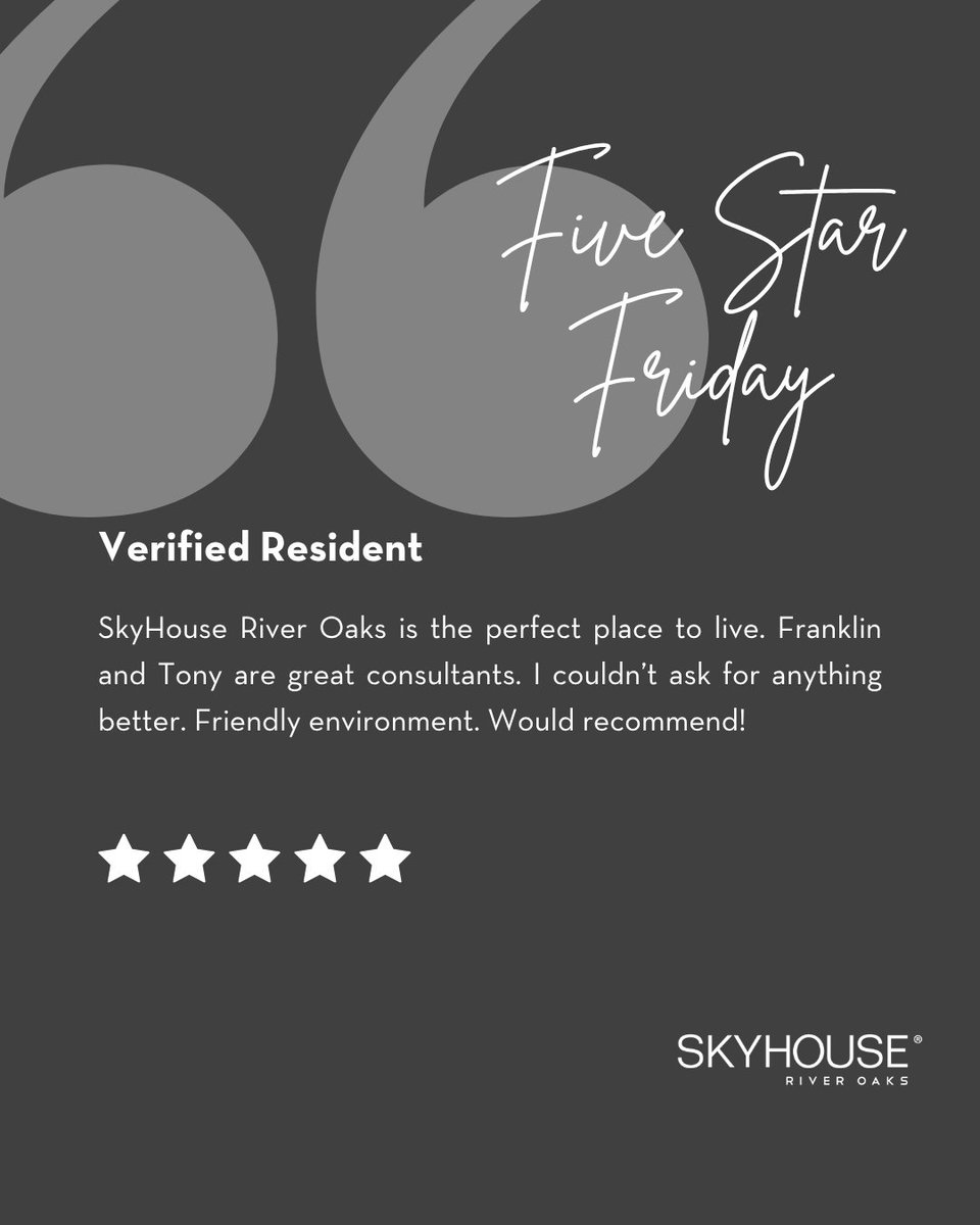 SkyHouseRO's tweet photo. 🌟Five Star Friday vibes are IMMACULATE! ☀️ Shoutout to residents for the five-star love at SkyHouse River Oaks Apartments! 💛#ApartmentLiving #CommunityLove #SPGCommunity https://t.co/vR7qGmzbj9 https://t.co/9DEtw4I352