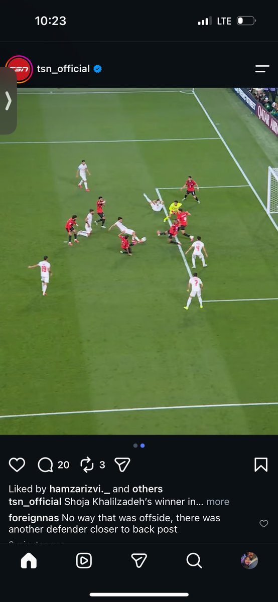 Naso0y's tweet photo. Iran got scammed tonight by FIFA, the VAR didn’t capture the other player behind 9. This goal got robbed. #fifaworldcup #fifavar https://t.co/iKzU2g7B68