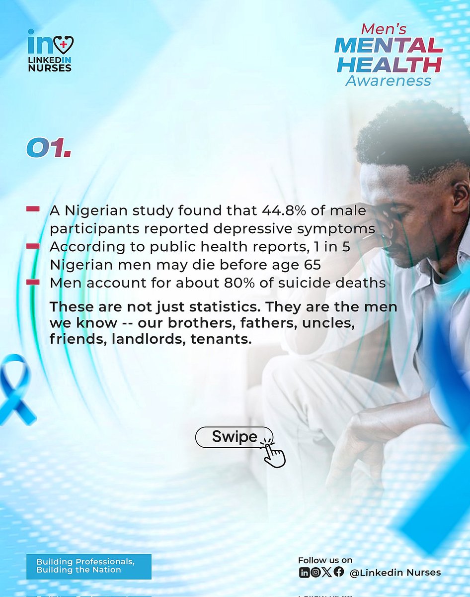 LinkedInNurses's tweet photo. June may be drawing to a close, but the conversation around men's mental health shouldn't. 😤

In recognition of Men's Mental Health Month, LinkedIn Nurses has carefully curated this carousel to spark awareness &amp; action.

Swipe through &amp; learn something new! 🤭🤸🏾 https://t.co/r7KAyA8ShA