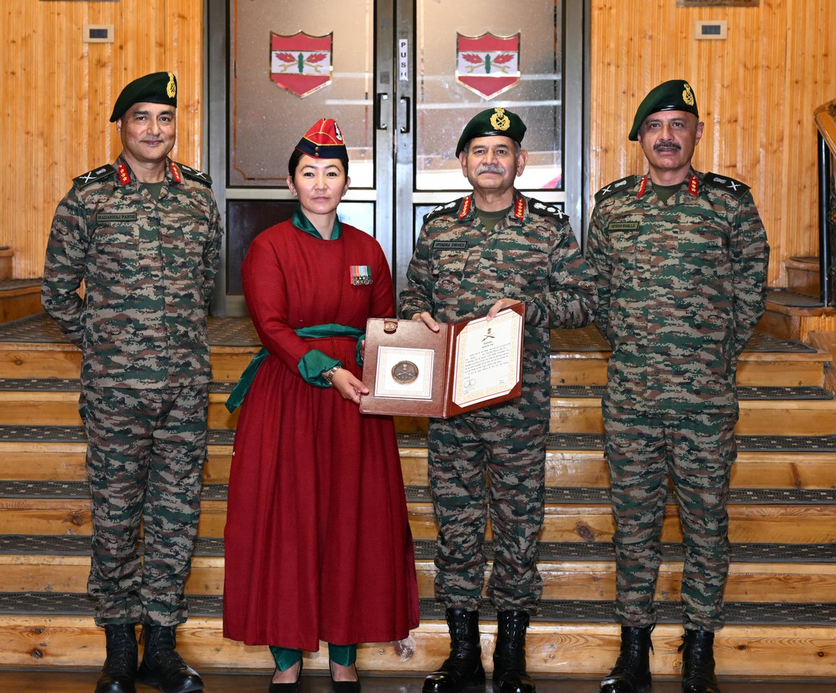 adgpi's tweet photo. Veteran Achievers Award: Recognising Contributions, Rewarding Excellence

#GeneralUpendraDwivedi, #COAS, felicitated five distinguished Veterans – Colonel Tondup Wangail (Retd), Major Rinchen Dolma Kolto (Retd), Subedar Major (Honorary Captain) Sonam Morup (Retd), Subedar Major (Honorary Captain) Tashi Chhepal, VrC (Retd) and Naik Ghulam Haider (Retd), during his visit to @firefurycorps, in recognition of their exceptional contributions towards veterans' welfare, healthcare, community development and #NationBuilding.

Through their selfless initiatives, the awardees have transformed healthcare delivery in remote regions of Ladakh, expanded outreach to Ex-Servicemen and Veer Naris, promoted skill development and self-reliance, secured land and welfare measures for veteran families, strengthened community welfare, and provided steadfast support to veterans requiring medical care.

'Service is a Lifelong Journey; Building a Stronger, United #India.'

#RespectAndRecognition
#Veterans
@DefenceMinIndia
@SpokespersonMoD
@NorthernComd_IA