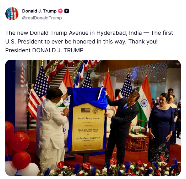 TimesNow's tweet photo. US President Donald Trump thanks India after Hyderabad renames road after him. https://t.co/cTdKxD2PXg