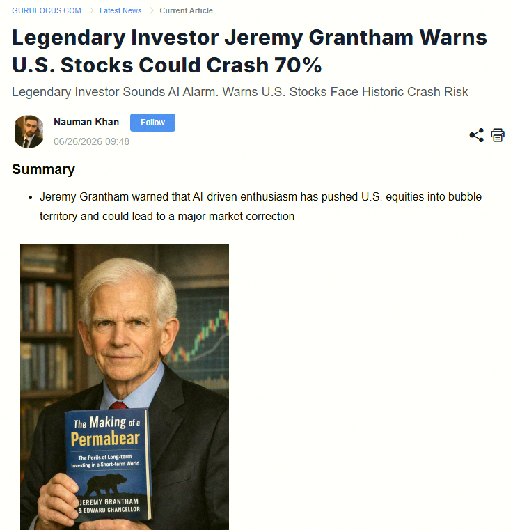 GugoMANIA's tweet photo. Jeremy Grantham, the ultimate doom-and-gloom guy, is warning the stock market might crash by 70% 📉📉 https://t.co/55wSpRUwLI
