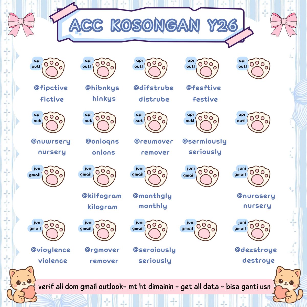 ofWinmdu's tweet photo. ᐢ..ᐢ *WTS ACC Y26 verif all* ᐢ..ᐢ

outlook: 12k
gmail: 14k

✼. verif all (nomor+email)
✼. dom gmaıl outlook 
✼. tidak limit 12 jam
✼. udah bisa ganti usn
✼. blm masuk mt ht

☎️ https://t.co/RjgMW14yx2 https://t.co/WAXhaBGKBy