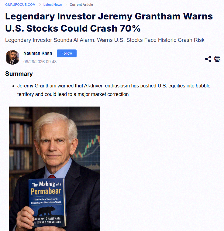 TheKirran's tweet photo. Jeremy Grantham, the famous perma-bear, is warning the stock market could crash up to 70% 📉📉 https://t.co/od5ZwY1jJJ