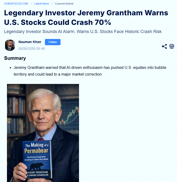 markdasig16's tweet photo. Jeremy Grantham, the famous bear, is warning the stock market could crash 70% 📉📉 https://t.co/NdxVYEM8GI