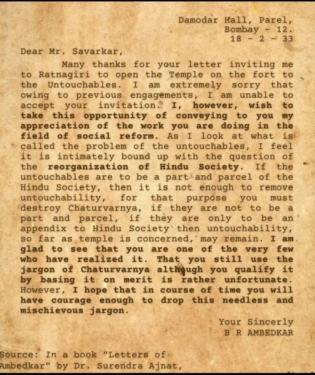 CivitasSameer's tweet photo. Calling Hindutva casteist is naive at best, and malicious at worst.

The principal theorist of Hindutva, V.D. Savarkar, spent years attacking untouchability as a civilizational weakness. He organised inter-caste dining when orthodox society opposed it, advocated inter-caste marriage, and was instrumental in establishing the Patit Pavan Mandir at Ratnagiri, one of the first temples explicitly opened to Hindus of every caste. These weren't just speeches; they were social reforms that invited fierce opposition from orthodox circles.

More fundamentally, Savarkar's definition of a Hindu was never based on caste. In Essentials of Hindutva, Hindu identity is rooted in a shared civilizational inheritance, cultural continuity, and attachment to India as both Pitribhumi and Punyabhumi, not in ritual status or birth. His conception sought to bring Shaivas, Vaishnavas, Shaktas, Buddhists, Jains, Sikhs, tribal traditions and other Indic faiths into a common national identity that transcended caste divisions.

You may disagree with Hindutva for many reasons. But calling its founding philosophy "deeply casteist" is difficult to reconcile with the historical record of its principal architect, and the foundational principles of itself.