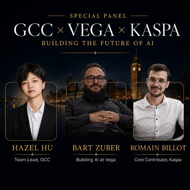 iclblockchain's tweet photo. We’re delighted to welcome Hazel Hu, Bart Zuber, and Romain Billot for our Special Panel: GCC × Vega × Kaspa — Building the Future of AI.

Hazel Hu @withhazelhu , Team Lead at GCC @GCCofCommons , brings a strong perspective on ecosystem building and how developer communities can accelerate AI innovation and building on @ethereum . 

Bart Zuber, Building AI at Vega-alts, is working at the intersection of AI, products, and real-world adoption, which raised $20 Million, building the New “Core” for Private Markets Client Service.

Romain Billot @IzioDev , Core Contributor at Kaspa, brings deep insight from the decentralised technology ecosystem and the future of scalable infrastructure.

Together, they’ll explore how AI, Web3, and developer ecosystems are converging — and what builders should pay attention to when creating the next generation of AI applications.

Time:  - 
Venue: CAGB 200, Imperial College London
Date: 28/06/2026
Don’t forget to sign up and view the full agenda here:
https://t.co/CreOmv1EZk
