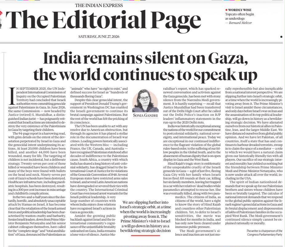kharge's tweet photo. Congress Parliamentary Party Chairperson, Smt. Sonia Gandhi's evocative piece calling out Modi Govt's silence and inaction for our Palestinian brothers and sisters whose children have been brutally targeted is a stark reminder of how our current foreign policy has alienated our historical allies in Palestine, Iran, and the larger Middle East. We have also distanced ourselves from global public opinion.

"The spirit of Indian nationhood demands that we speak up for our Palestinian brothers and sisters whose children have been so brutally targeted. The calculus of national interest demands that we respond to the global public opinion against the Israeli regime’s genocidal actions in Gaza and its brutal displacement and dispossession of lakhs of Palestinian families in the occupied West Bank. The Modi government’s continued silence simply cannot be explained rationally or morally".

✍️ https://t.co/c7EkNM12tI