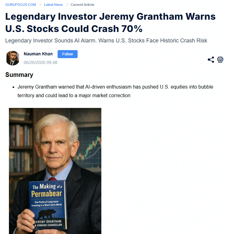 MiliRocdan's tweet photo. Jeremy Grantham, the famous permabear, is warning that the stock market might crash by as much as 70% 📉📉 https://t.co/IzkiOr9Uxv