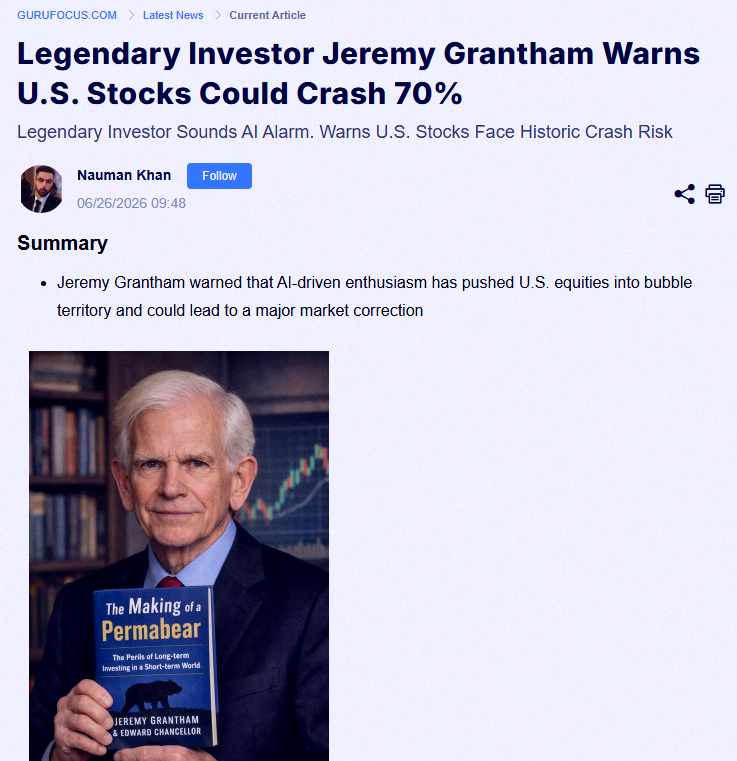 haruruirovr's tweet photo. Jeremy Grantham, the famous permabear, is warning the stock market could crash 70%. 📉📉 https://t.co/zsF9VSV6Qn