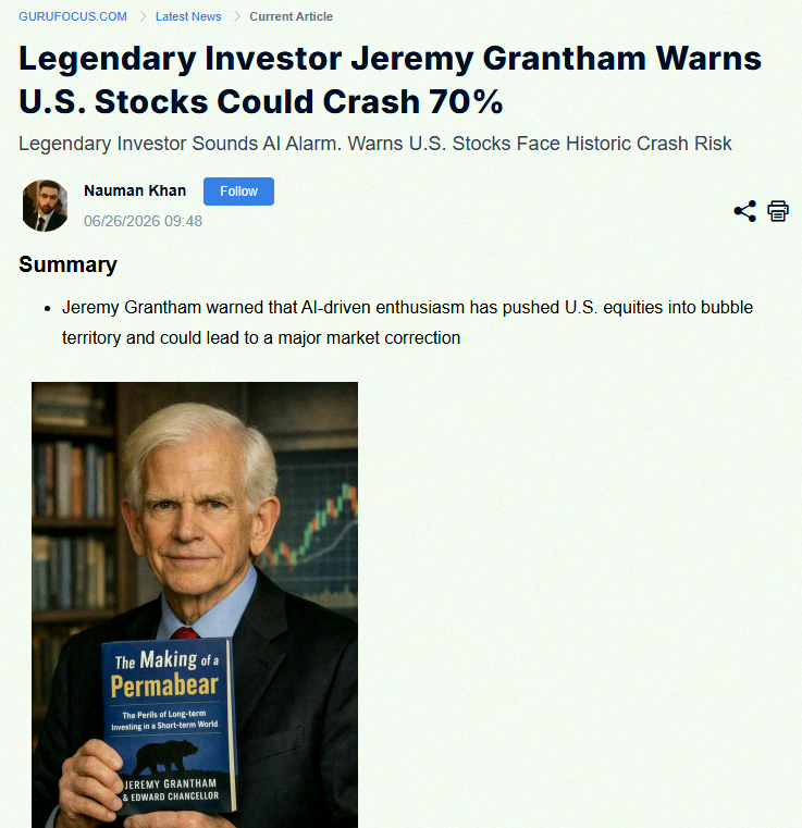 JaimeGim's tweet photo. Jeremy Grantham, the famous permabear, is warning the stock market could crash up to 70% 📉📉 https://t.co/8rdotrbiM3