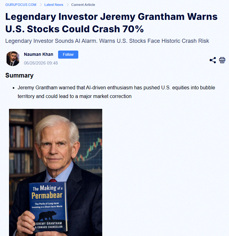 AlaaAlaasabry77's tweet photo. Jeremy Grantham, the notorious permabear, is warning the stock market could crash up to 70% 📉📉 https://t.co/n2x87qV9jE