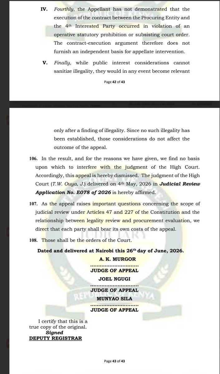 GKMuturi_Advs's tweet photo. The Court of Appeal has held that judicial review in procurement extends to legality, but courts will not interfere where the PPRB reasonably interprets tender criteria without rewriting them.
https://t.co/6VeMj1Y5iq https://t.co/wmvZd1mAs0